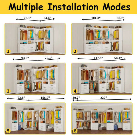 Heavy-Duty Modular Closet System With Nine Drawers And Nine Hanging Rods For Walk-In Spaces White L-Shape Corner Organizer Kit showing multiple installation modes.