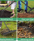 Person using All In One Garden Hoe And Weed Puller With 76.8 Inch Adjustable Stainless Steel Handle Heavy Duty Cultivator mulching, edging, weeding, leaf gathering