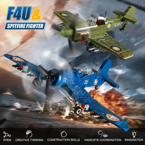 Brick Compatible WW2 Fighter Plane Building Kit Set Build Epic US F4U Corsair And UK Spitfire flying with realistic details