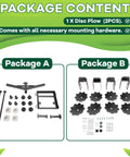 Package contents of 54 Inch Disc Plow Harrow For ATV UTV With 2 Inch Receiver, showing parts and hardware for assembly.
