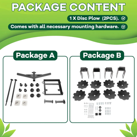 Package contents of 54 Inch Disc Plow Harrow For ATV UTV With 2 Inch Receiver, showing parts and hardware for assembly.