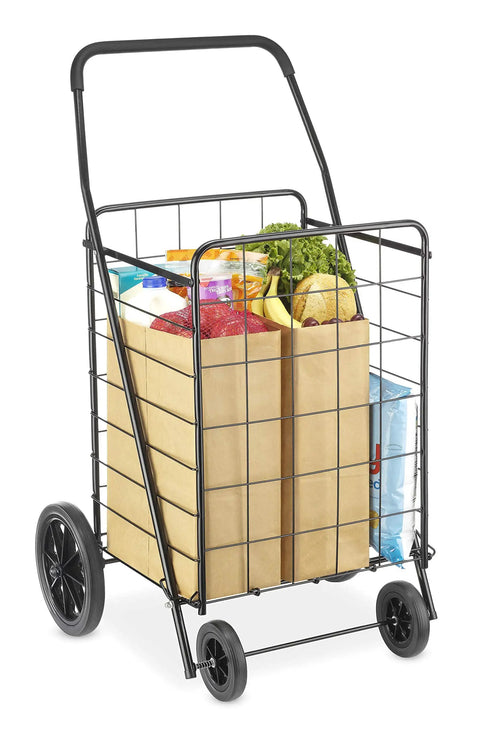 Beast Large Utility Foldable Shopping Cart With Wheels, 100 Lb Capacity, carrying groceries in black steel frame