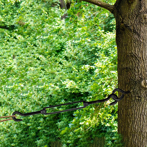 Stainless Steel Turnbuckle Set With Hooks M4 Black 4 Pack used on a tree, heavy duty wire rope tensioner outdoors