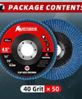 Package of 40 Grit Zirconia Flap Discs 50 Pack For 4.5 Inch Angle Grinders T27, close-up view of disc labeling and texture.