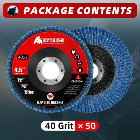 Package of 40 Grit Zirconia Flap Discs 50 Pack For 4.5 Inch Angle Grinders T27, close-up view of disc labeling and texture.