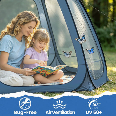 Mother and child reading inside 10x10 Pop Up Screen House Tent With Mesh Walls, Waterproof Instant Gazebo visible with butterflies.