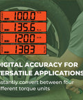 Person using Pro-Grade Digital Torque Wrench With Half Inch Drive on car wheel, showing digital display with multiple torque units.