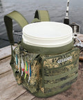 Five Gallon Bucket Backpack With Rod And Pliers Holder And Multiple Pockets For Fishing, Hunting, And Apple Picking In Camouflage