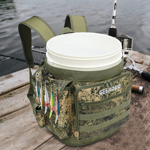 Five Gallon Bucket Backpack With Rod And Pliers Holder And Multiple Pockets For Fishing, Hunting, And Apple Picking In Camouflage