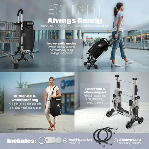 Foldable Grocery Cart On Wheels With Waterproof 88 Lb Capacity, Handy Phone Stand, Elastic Ropes, Insulated Pocket, Six Wheels