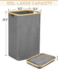 Gray Collapsible Laundry Basket 105L Tall Foldable With Bamboo Handle For Bedroom Bathroom And Laundry Room No Fuss Space Saving Hamper Organizer showing dimensions and folded size.