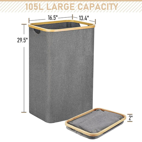 105 Liter Large Laundry Hamper With Handles, Collapsible Gray Laundry Baskets For Bedroom, Bathroom, And Laundry Room, Tall Design, Durable 2 Pack For Easy Sorting And Quick Cleanup. Measurements displayed against a white background.