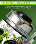 Close-up of Spincast Fishing Reel Size 30 With Right Or Left Hand Retrieve 3 9 To 1 Gear Ratio Pre Spooled With Line and graphics.