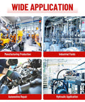 Collage showing manufacturing, industrial, automotive, and hydraulic applications for hydraulic hose adapter fittings.