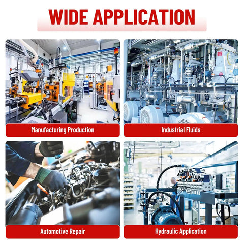 Collage showing manufacturing, industrial, automotive, and hydraulic applications for hydraulic hose adapter fittings.