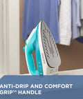 Light N Easy Compact Steam Iron With SmartSteam Technology Anti Drip System And Spray Mist Teal against hanging clothes
