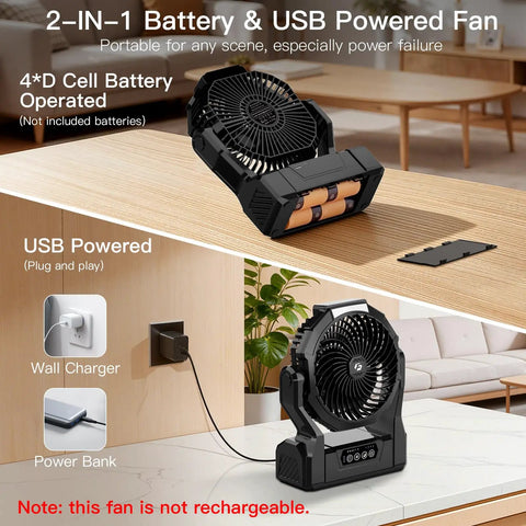 Battery Operated Fan For Camping And Outdoor Adventures 2 In 1 D Cell Battery And USB Powered Portable Fan on table