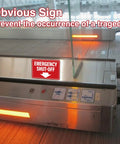 Badass Emergency Shut Off Sign Sticker With Knockout Down Arrow on metal surface, warning for emergency shutdown, heavy duty use.