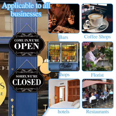 Waterproof Double Sided Open Or Closed Sign For Business With Rope Hanging Sign 11.8 By 7.9 Inches in various business settings.
