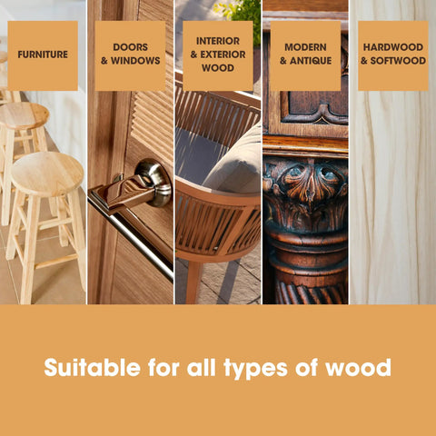 Image showcasing various wood types and furniture using Superior Water Based Walnut Wood Stain Ultra Fast Drying Low Odor Plus Non Toxic Formula.