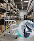 Heavy Duty Four Step Rolling Ladder With Secure Handrails Built Different For Warehouse Spaces Rock Solid Eight Hundred Eighty Pound Capacity Premium Cold Rolled Steel in a warehouse aisle.