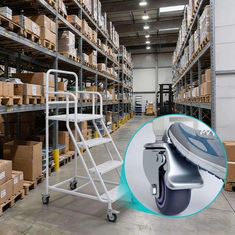 Heavy Duty Four Step Rolling Ladder With Secure Handrails Built Different For Warehouse Spaces Rock Solid Eight Hundred Eighty Pound Capacity Premium Cold Rolled Steel in a warehouse aisle.