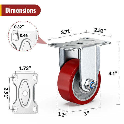 Heavy Duty 3 Inch Caster Wheels Set Of 4 With Thick Steel Brackets And Total Lock Brakes Rated Up To 1410 Lbs Capacity dimensions illustration
