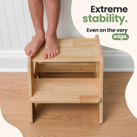 Rock Solid Wooden Toddler Step Stool For Bathroom Sink And Kitchen Counter Helper With Protective Varnish Heavy Duty Adult Load Limit And Dead Simple Assembly Setup
