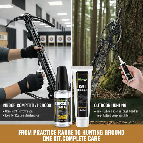 Crossbow Maintenance Kit With Rail Lube And Oil, Precision Applicator Included, bottles shown near indoor and outdoor crossbow use