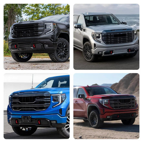 Four GMC Sierra 1500 trucks with red tow hook covers from 2019 to 2026 showcasing front bumper upgrades and aluminum finish.