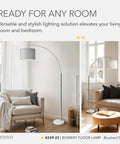 Sleek Arc Floor Lamp With Marble Base And Grey Linen Shade, Brushed Steel Stem, in Modern Living Room Setting