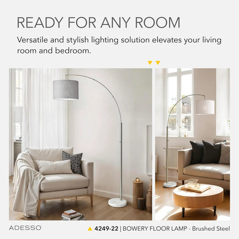 Sleek Arc Floor Lamp With Marble Base And Grey Linen Shade, Brushed Steel Stem, in Modern Living Room Setting