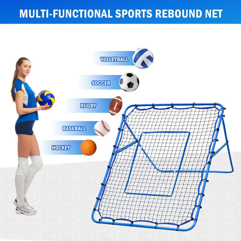 Woman with 5x4Ft Rebounder Net For Volleyball Baseball Softball And Lacrosse With Quick Adjustments, Multi Angle Targets.