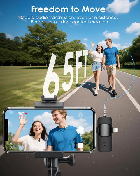 Wireless Mini Lavalier Microphone For iPhone Android Camera And PC 4 In 1 Lapel Mic illustrating 65 ft range with video recording couple