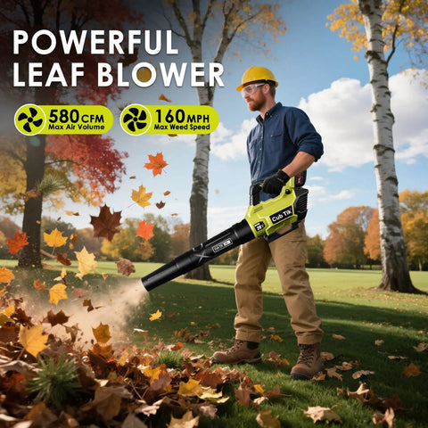 Man using a powerful cordless leaf blower with dual 4Ah batteries, fast charger, 580 CFM, 160 MPH, for lawn care and yard cleanup.