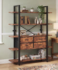 Industrial 5-Tier Bookshelf With Open Storage And Four Drawers, Sturdy Metal Frame And Durable Particleboard Shelves for decor