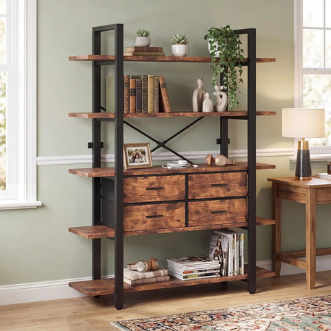 Industrial 5-Tier Bookshelf With Open Storage And Four Drawers, Sturdy Metal Frame And Durable Particleboard Shelves for decor