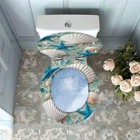 Round Resin Toilet Seat for Bathroom featuring a seaside design with shells and starfish, top view.