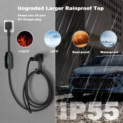 Sturdy Wall Mount EV Charger Holder For SAE J1772 Cables With Locking Hook And Snug Dust Covers, secure rainproof design in garage.