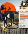 Kickass Vented Forestry Hard Hat With Integrated Mesh Face Shield And Washable Foam Liner Built Rock Solid For The Daily Grind Ansi Certified Orange Safety Helmet Heavy Duty Trade Work Gear with earmuffs.