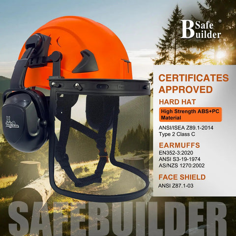 Kickass Vented Forestry Hard Hat With Integrated Mesh Face Shield And Washable Foam Liner Built Rock Solid For The Daily Grind Ansi Certified Orange Safety Helmet Heavy Duty Trade Work Gear with earmuffs.