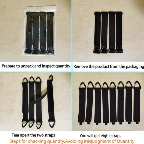 Unpacking process of Extension Cord Organizer With Carabiner 8 Pack For Garage And Shop Storage showing eight straps.