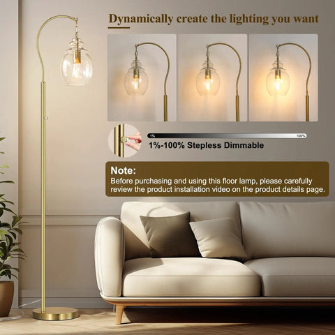 Gold Modern Floor Lamp With Globe Glass Shade, 68 Inch Tall Mid Century Standing Lamp For Living Room, Antique Brass Finish