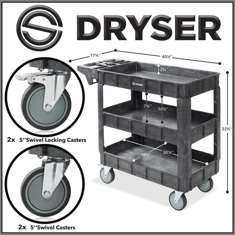 Beefed Up Heavy Duty Utility Cart On Wheels, 40 By 17 Inches, 550 Lb Capacity, Three Tier Rolling Cart With Four 5 Inch Swivel Casters