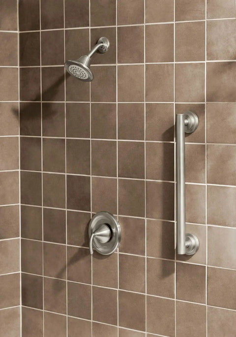 12 Inch Stainless Steel Bathroom Grab Bar With Brushed Nickel Finish, ADA Compliant Safety Bar, Non Slip Grip Pad in shower