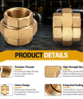 Two Pack 1 Inch Brass Pipe Union Fittings For 125 Lb Service Female Threaded Connectors To Link Two Pipes In Irrigation And Industrial Plumbing Easy To Install Durable No Fuss Setup, brass union fitting close-up