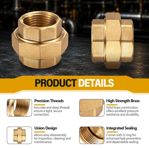 Two Pack 1 Inch Brass Pipe Union Fittings For 125 Lb Service Female Threaded Connectors To Link Two Pipes In Irrigation And Industrial Plumbing Easy To Install Durable No Fuss Setup, brass union fitting close-up