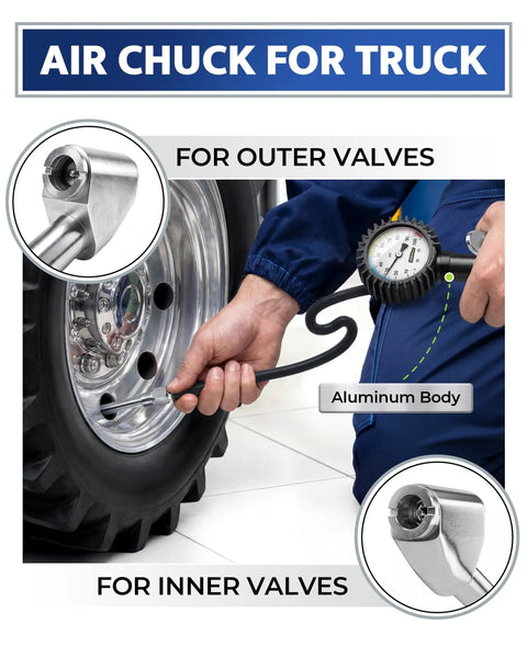 Heavy Duty Tire Inflator With Pressure Gauge And Extra Long Hose, Accurate Air Chuck For Cars And Trucks, 100 PSI Capacity