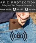 Trifold Leather Wallet For Men With RFID Blocking Napa Leather 9 Card Slots ID Window Divided Billfold Slim Durable Everyday Carry EDC Ready Quality Brown shown in blue jeans pocket depicting RFID protection.