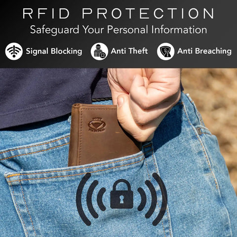 Trifold Leather Wallet For Men With RFID Blocking Napa Leather 9 Card Slots ID Window Divided Billfold Slim Durable Everyday Carry EDC Ready Quality Brown shown in blue jeans pocket depicting RFID protection.